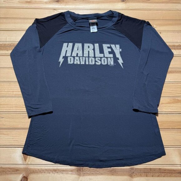 Harley-Davidson Rhinestone Bling Lightning Raglan Long Sleeve Biker Shirt Large - Picture 1 of 8